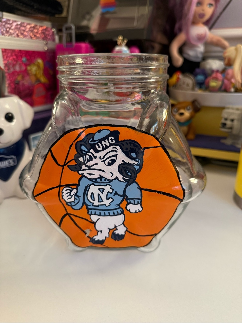 Hand Crafted UNC Orange and Light Blue Basketball Glass Jar